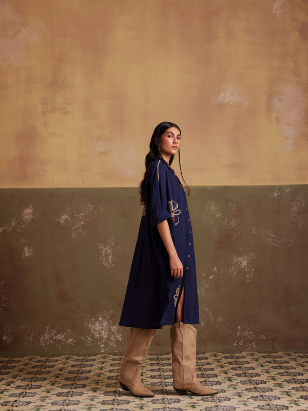 Kaftaan style Cotton Shirt Dress with front side slits in midi length