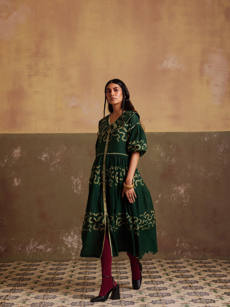 Emerald colour long pleated V neckline with front slit spiral detailing dress