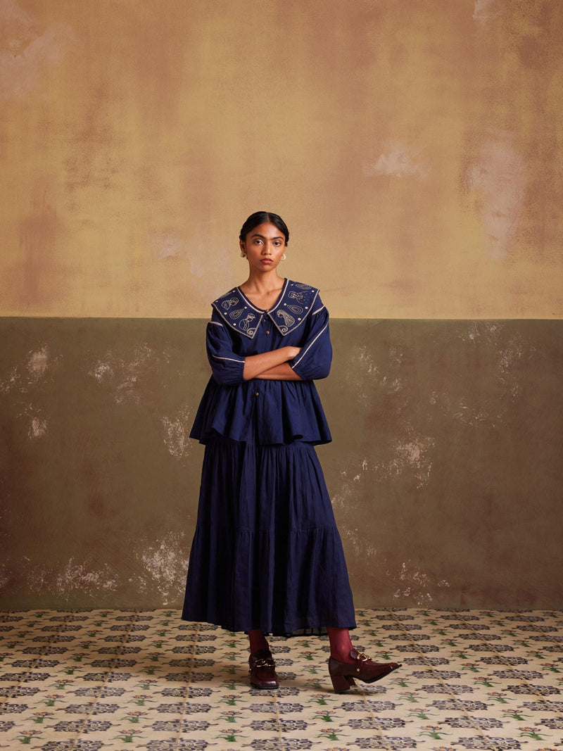 Indigo Peplum Style Puff sleeves short top with light & breezy skirt