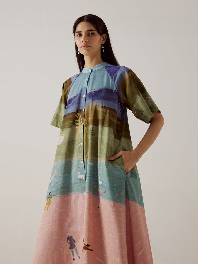 A-Line Long Dress : Skater Print Cotton Satin Dress Cord Studio A-Line Long Dress : Skater Print Cotton Satin Dress Cord Studio
