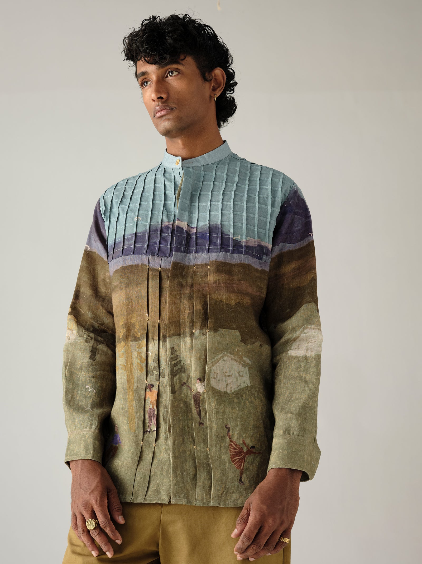 Pintuck Collarless Shirt | Printed Shirts for Men's – Cord Studio
