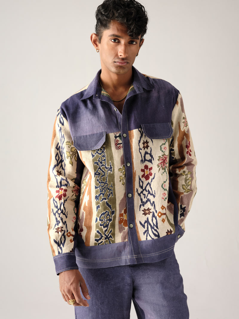 Retro Shacket Set for Men's Geometric Folk Print Linen Co-ord