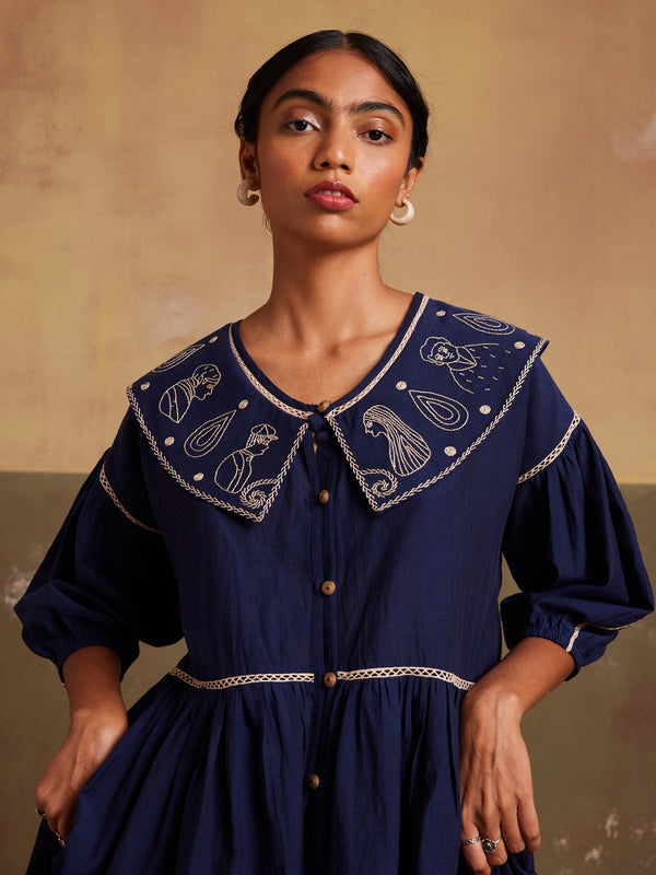 Indigo Peplum Style Hand Embroidered Buttons With  Cuff Sleeves