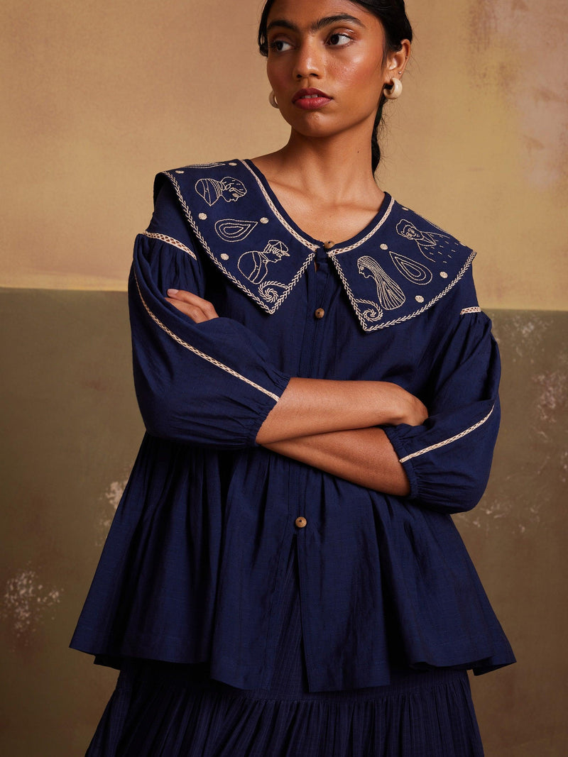 Indigo Peplum Style Hand Embroidered Buttons With  Cuff Sleeves