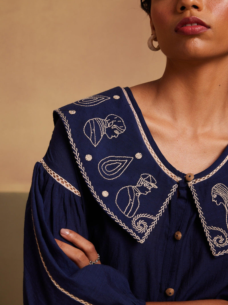 Indigo Peplum Style Hand Embroidered Buttons With  Cuff Sleeves