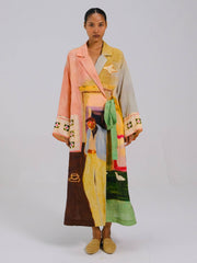 Coffee Printed Tie-Up Linen Dress