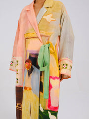 Coffee Printed Tie-Up Linen Dress