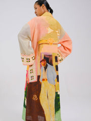 Coffee Printed Tie-Up Linen Dress
