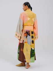 Coffee Printed Tie-Up Linen Dress
