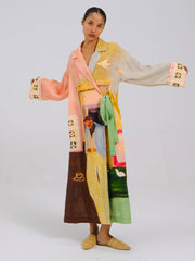 Coffee Printed Tie-Up Linen Dress