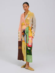 Coffee Printed Tie-Up Linen Dress