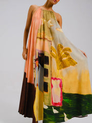 Coffee Print Circle Long Dress