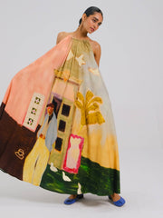 Coffee Print Circle Long Dress