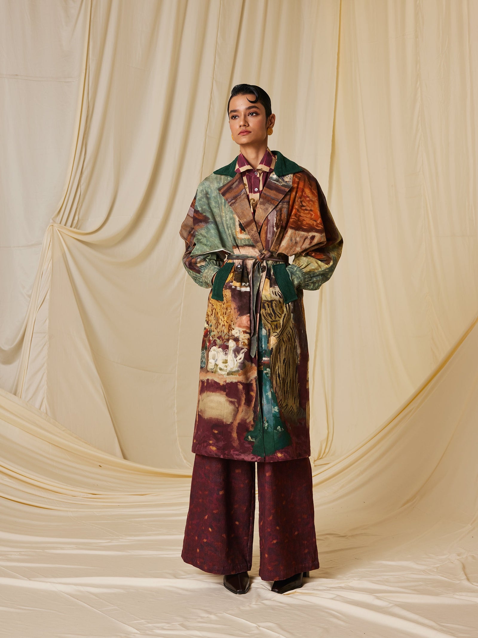 Rome Set| High Tea Printed Winter Trench Coat & Pants Set – Cord