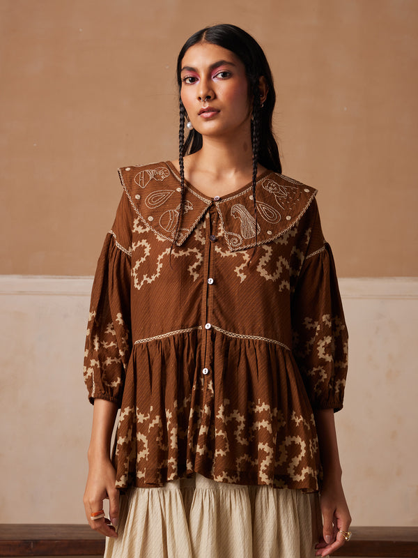 Tan Spiral Printed Hand Embroidered Buttons Pleated Top